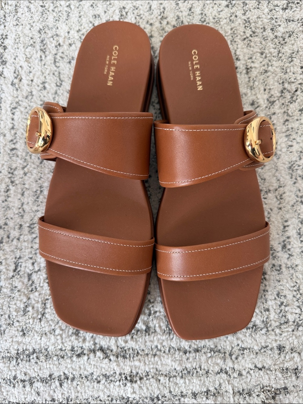 Cole Haan Tan Leather Double-Strap Slide Sandals with Gold Accent
